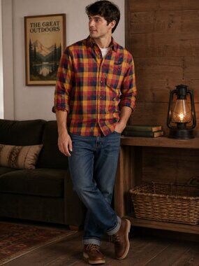 The Normal Brand Plaid Flannel Shirt Men's XXL Red Yellow Button Up Pocket Casua